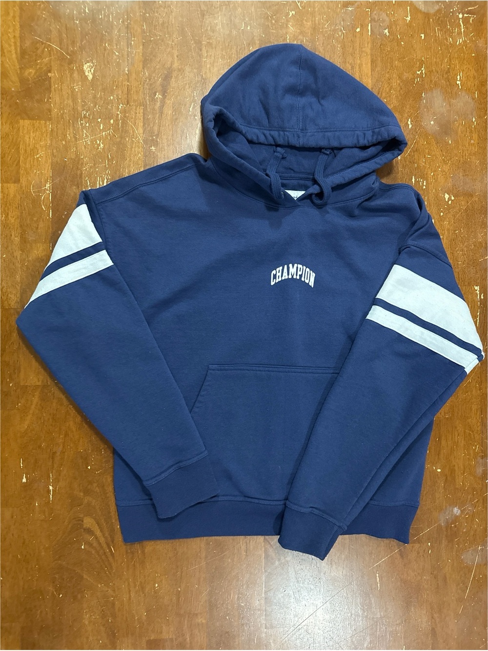 Champion Navy Hoodie with White Sleeve Stripes